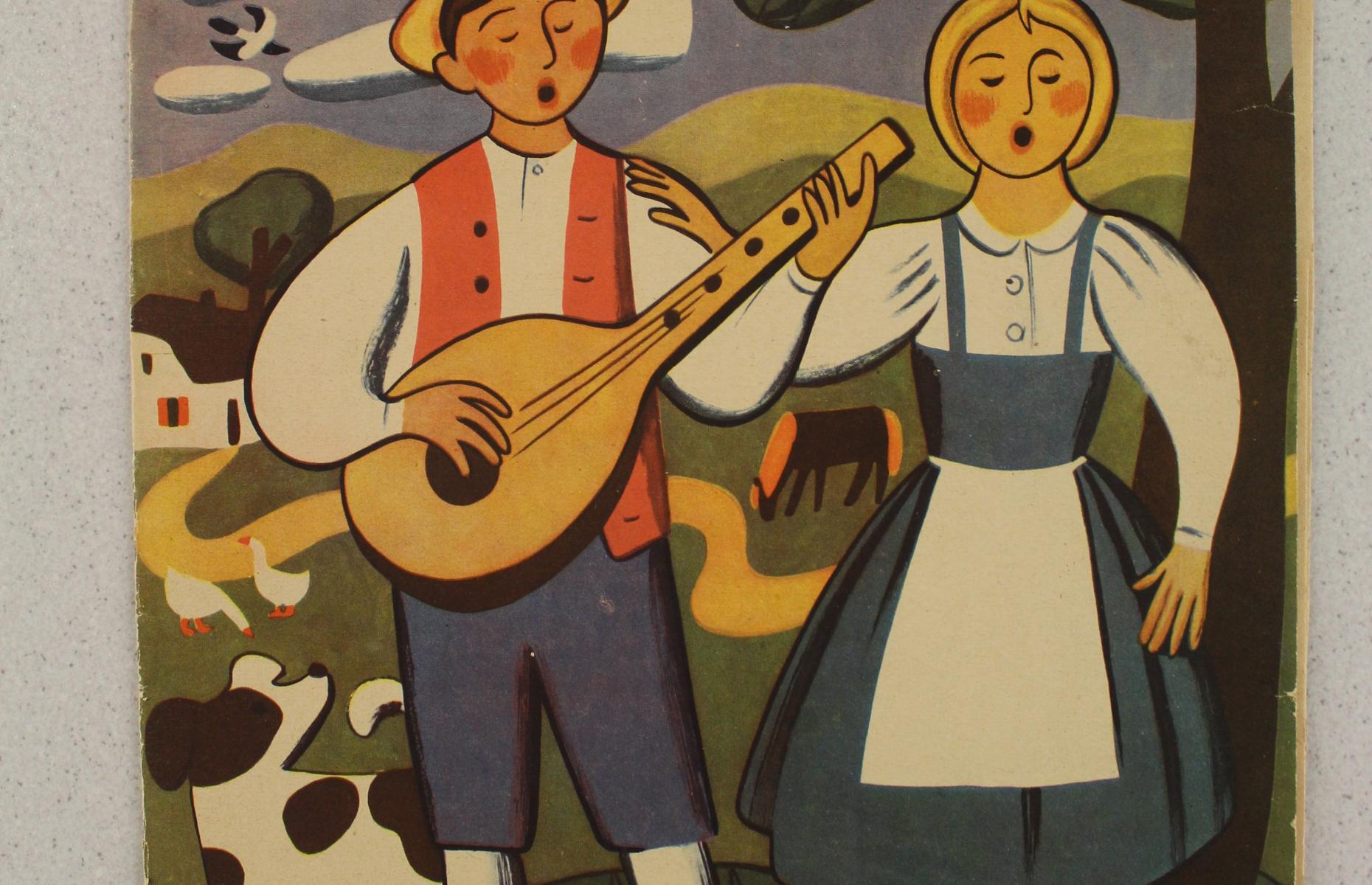 Das Bild zeigt das Jugendheft &quot;Die Schulpost&quot;. Abgebildet sind ein junge und ein Mädchen in Tracht, welche singen. Das cover ist farbig.